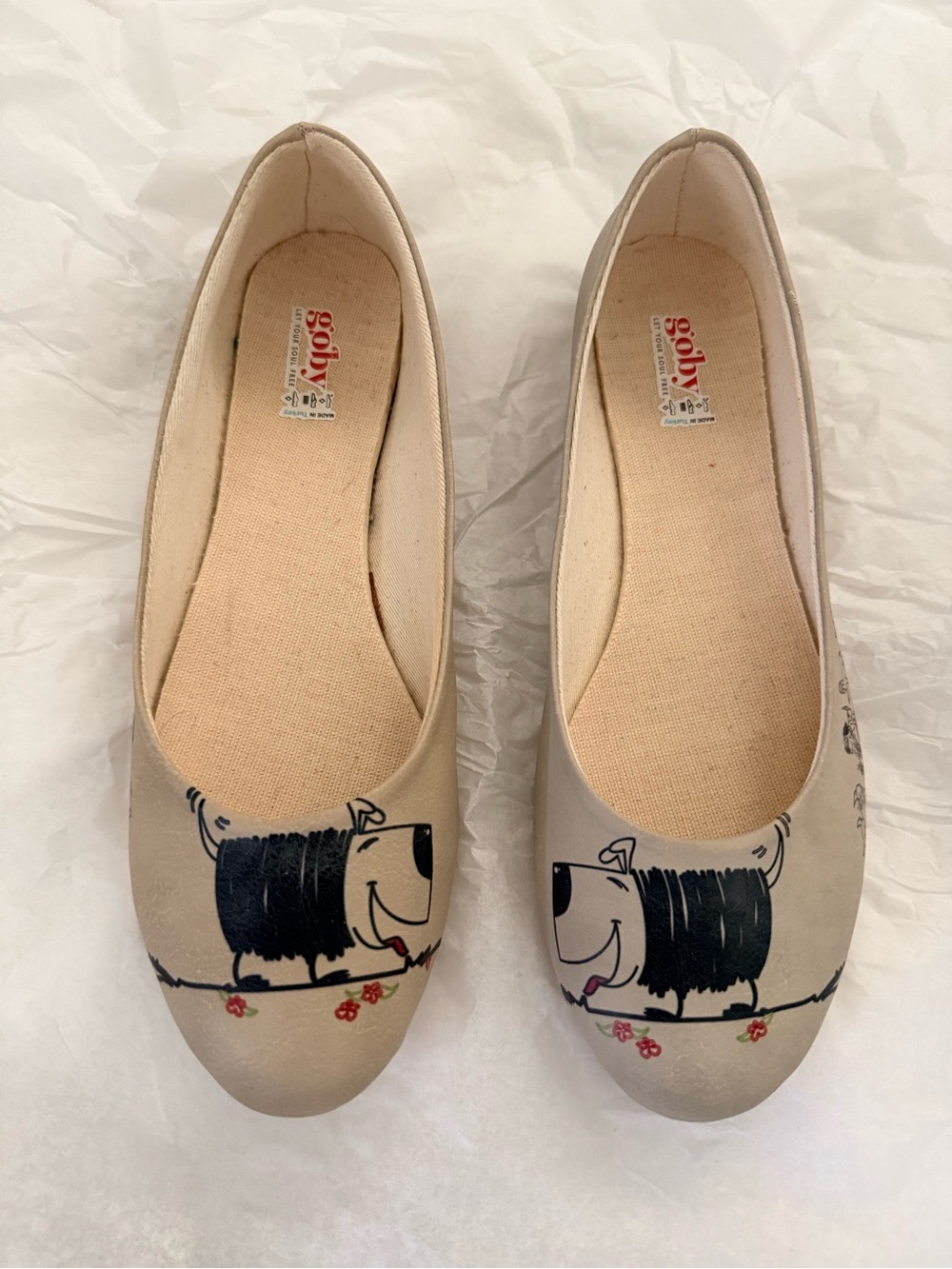 Women’s Beige Ballet Flats with Dog Print by Goby - Super Cute!  Size 40 EU Size